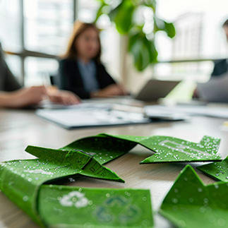 Des collaborateurs travaillent autour d'un bureau, un symbole de recyclage est au premier plan
