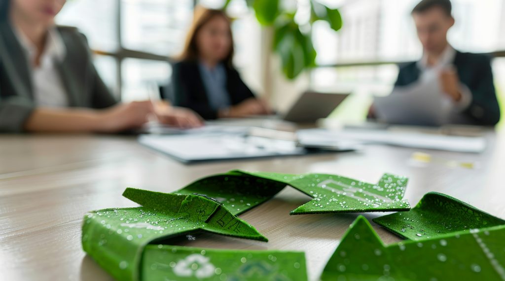 Des collaborateurs travaillent autour d'un bureau, un symbole de recyclage est au premier plan