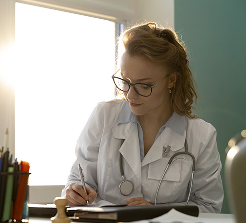 Photo d'un médecin au travail sur un bureau