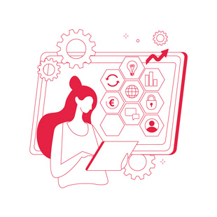 Illustration d'une femme tenant une tablette et des icones représentant un euro, un graphique, un dialogue, un avatar, des fleches