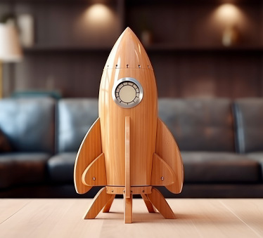 Photo d'une maquette miniature de fusée, en bois