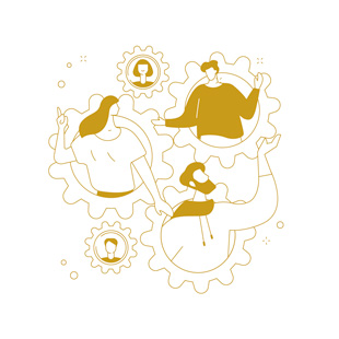 Illustration de collaborateurs dans des engrenages qui échangent entre eux