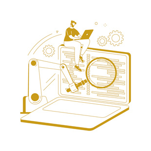 Illustration d'un machine qui recherche sur un ordinateur avec un loupe. Un homme est assis dessus