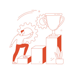 Illustration d'une personne qui s'apprête à monter sur la premiere marche vers une coupe. Des engrenages sont à l'arrière plan