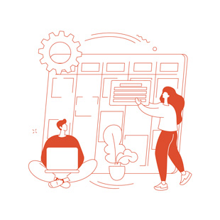 Illustration d'une travailleuse en train d'organiser des modules sur un écran, sous les yeux de son collaborateur