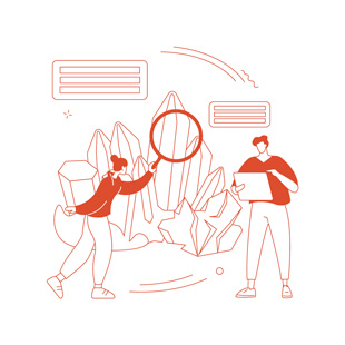 Illustration d'une personne qui tient une loupe face à des minerais, et une autre personne qui prend des notes