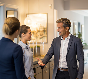 Photo d'un homme d'affaire qui montre une direction à ses clients
