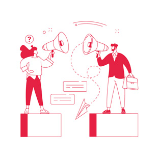 Illustration monochrome rouge, représentant deux personnes qui discutent par mégaphone