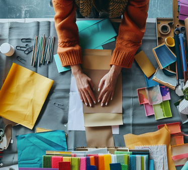 Vue du dessus de 2 mains de femme sur un bureau, et beaucoup d'éléments colorés de bureau